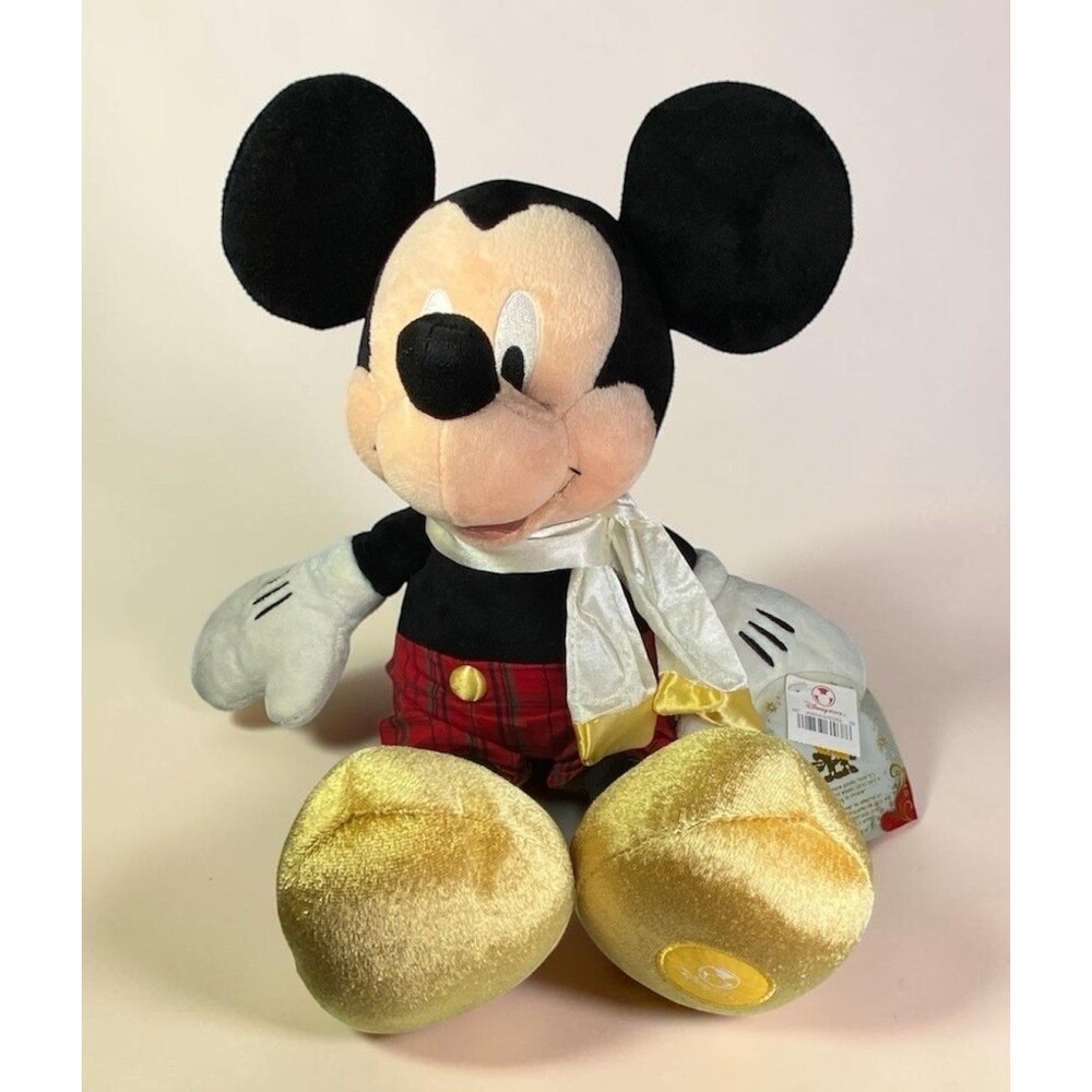 Disney Store Mickey Mouse Christmas Holiday Plush Red Plaid Gold Shoes NWT
